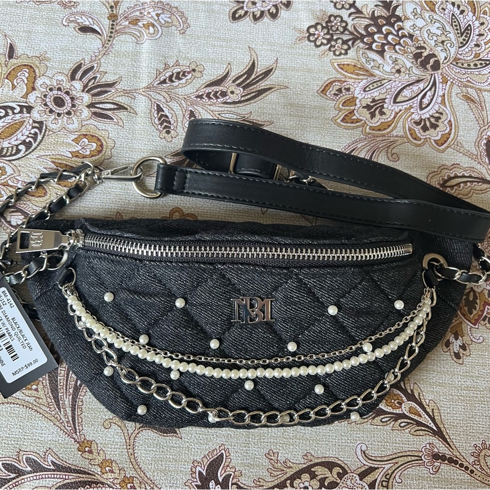 BADGLEY MISCHIKA Denim Quilted Pearl & Chain Decor Fanny Pack NWT